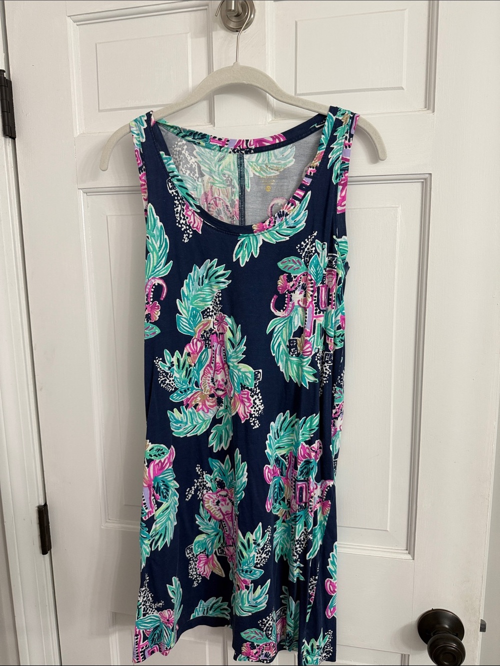 Lilly Pulitzer Navy Floral Tank Dress with Pink and Teal Leaves